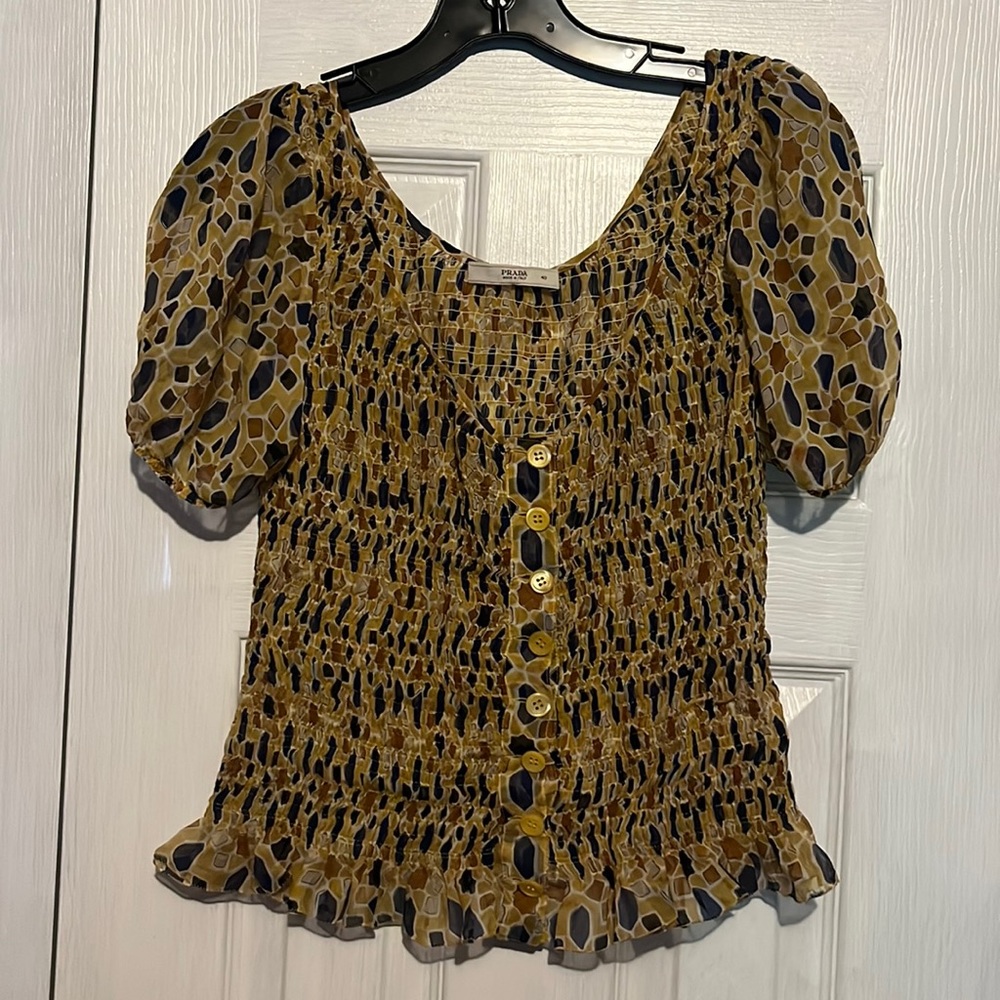 Prada silk ruched abstract print blouse!!